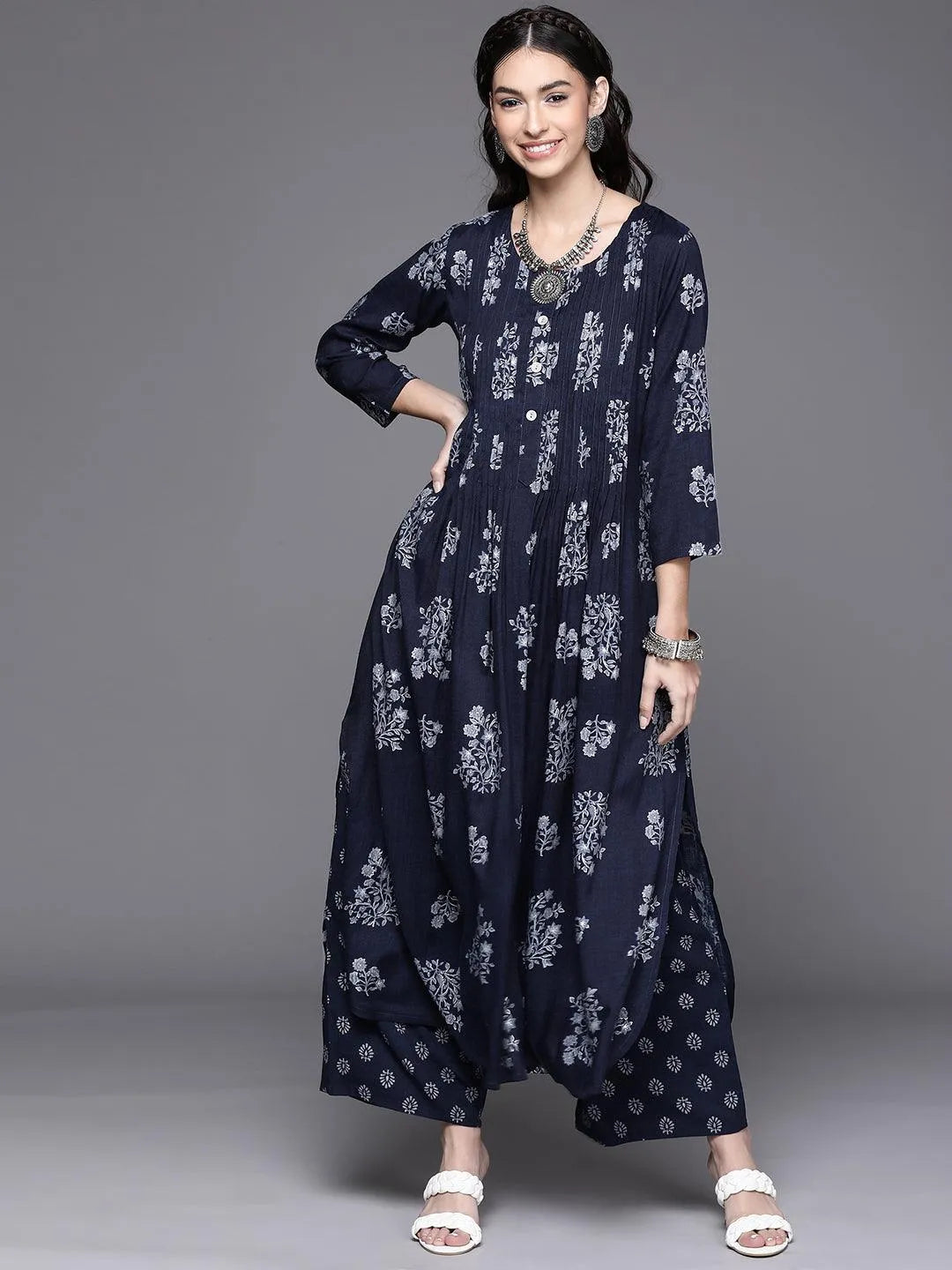 Blue Printed Rayon Kurta - Libas 