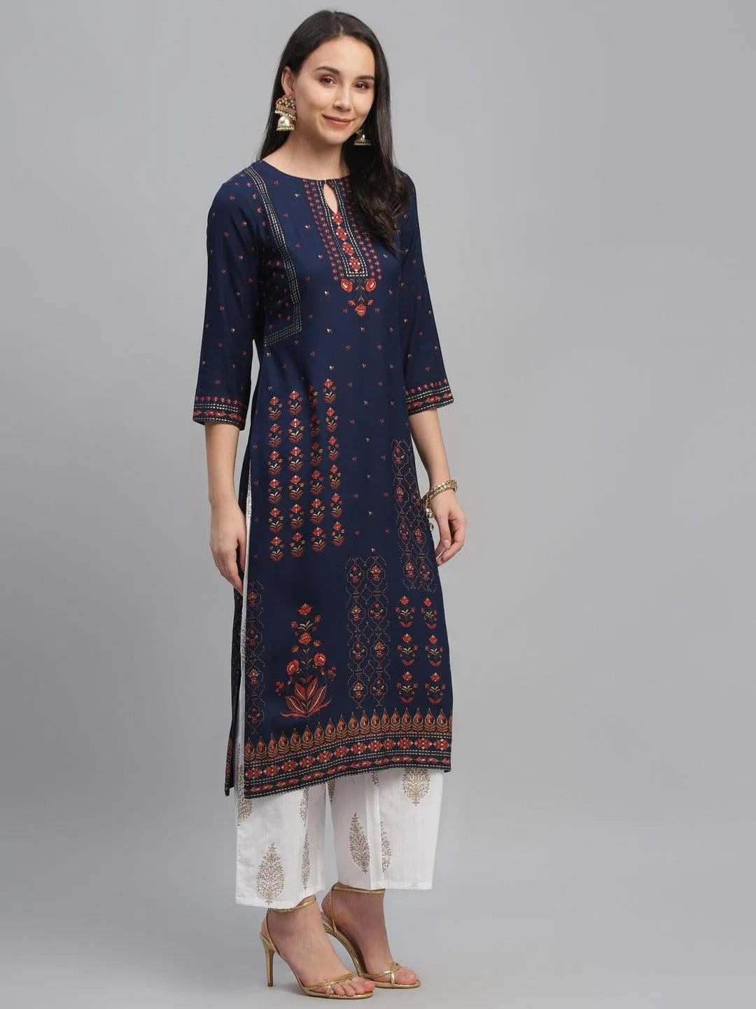 Blue Printed Rayon Kurta - Libas