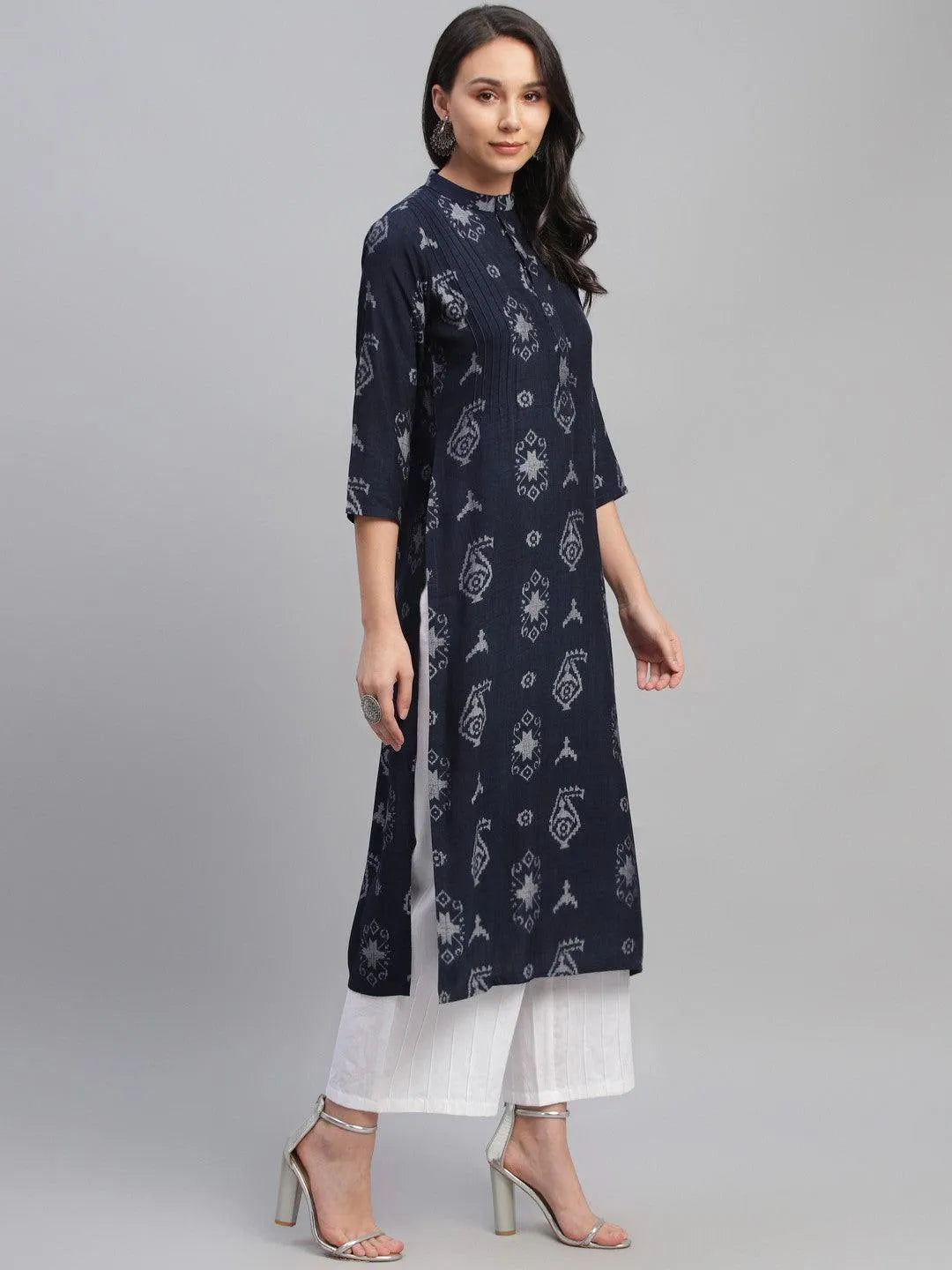 Blue Printed Rayon Kurta - Libas