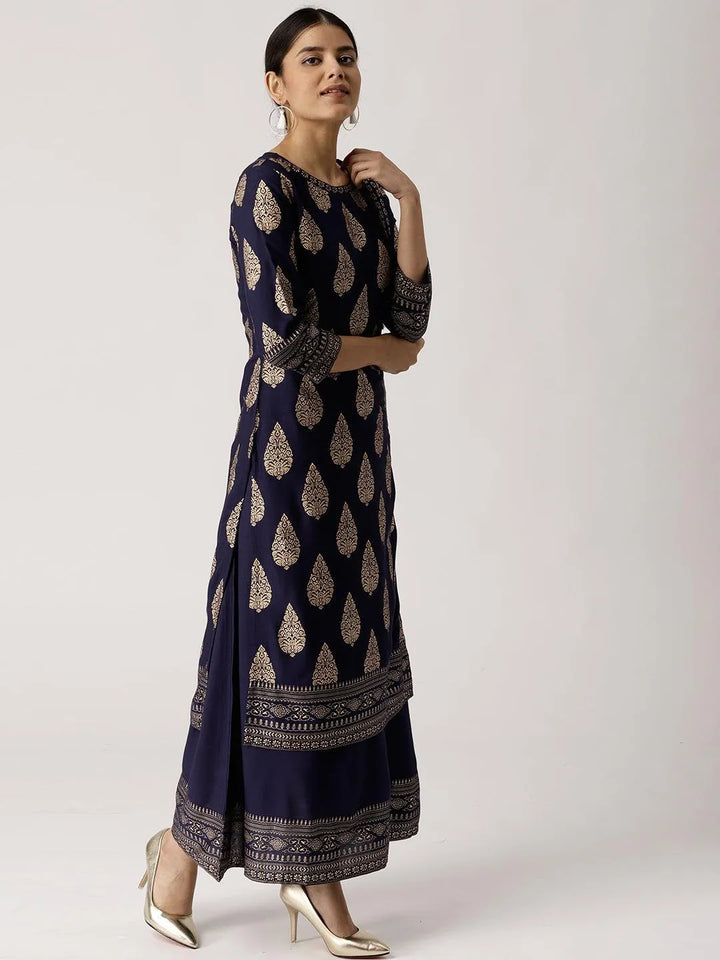 Blue Printed Rayon Kurta - Libas