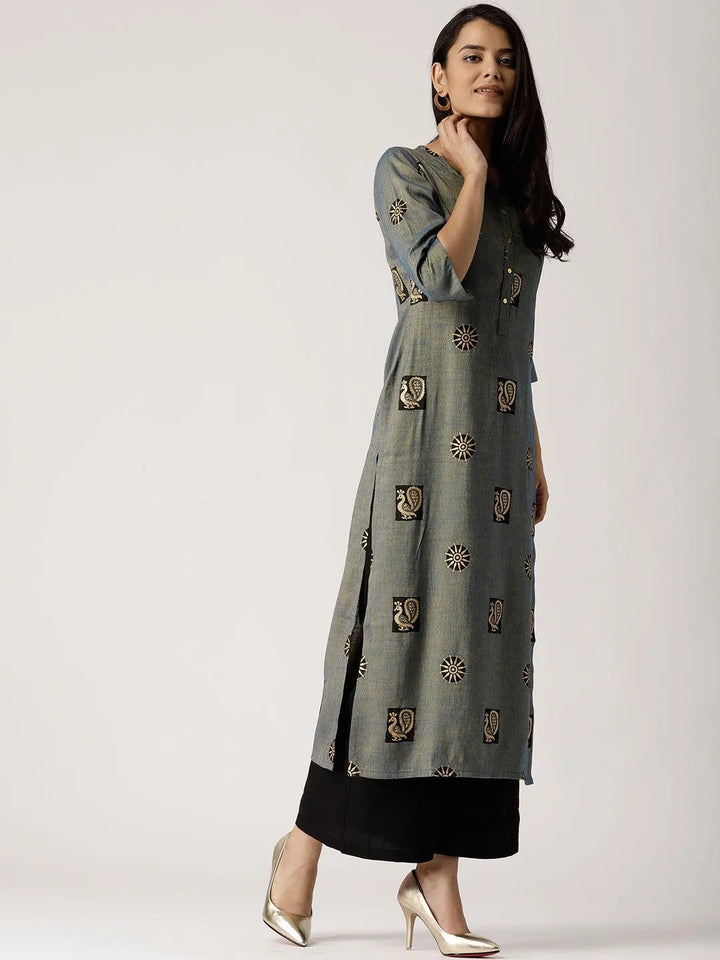 Blue Printed Rayon Kurta - Libas