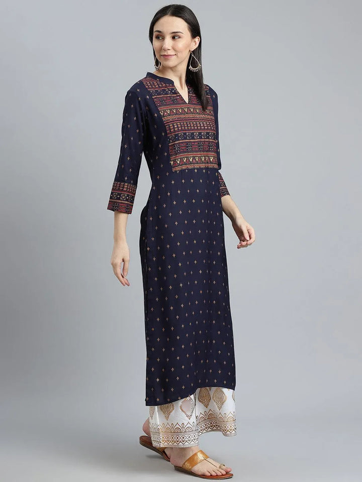 Blue Printed Rayon Kurta - Libas