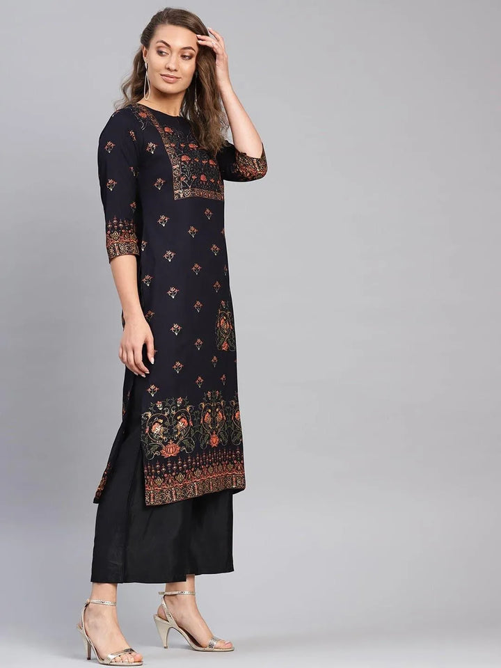 Blue Printed Rayon Kurta - Libas