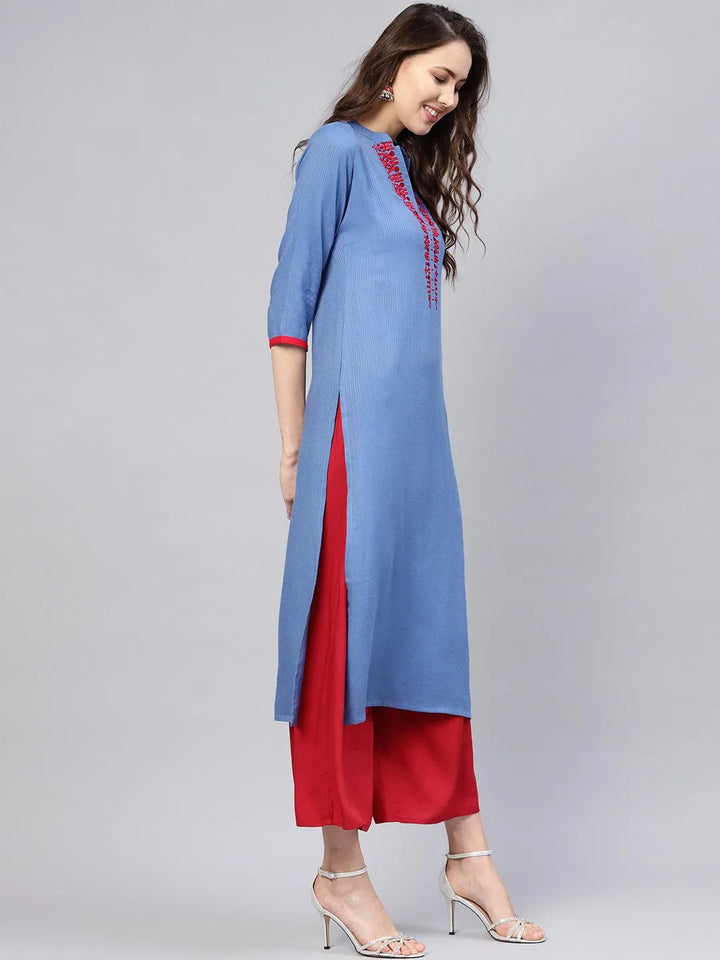 Blue Printed Rayon Kurta - Libas