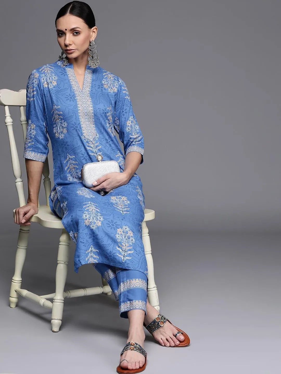 Blue Printed Rayon Kurta - Libas