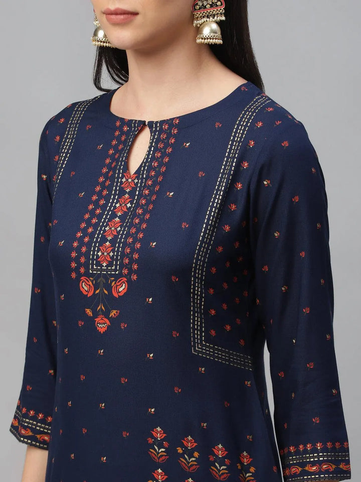 Blue Printed Rayon Kurta - Libas