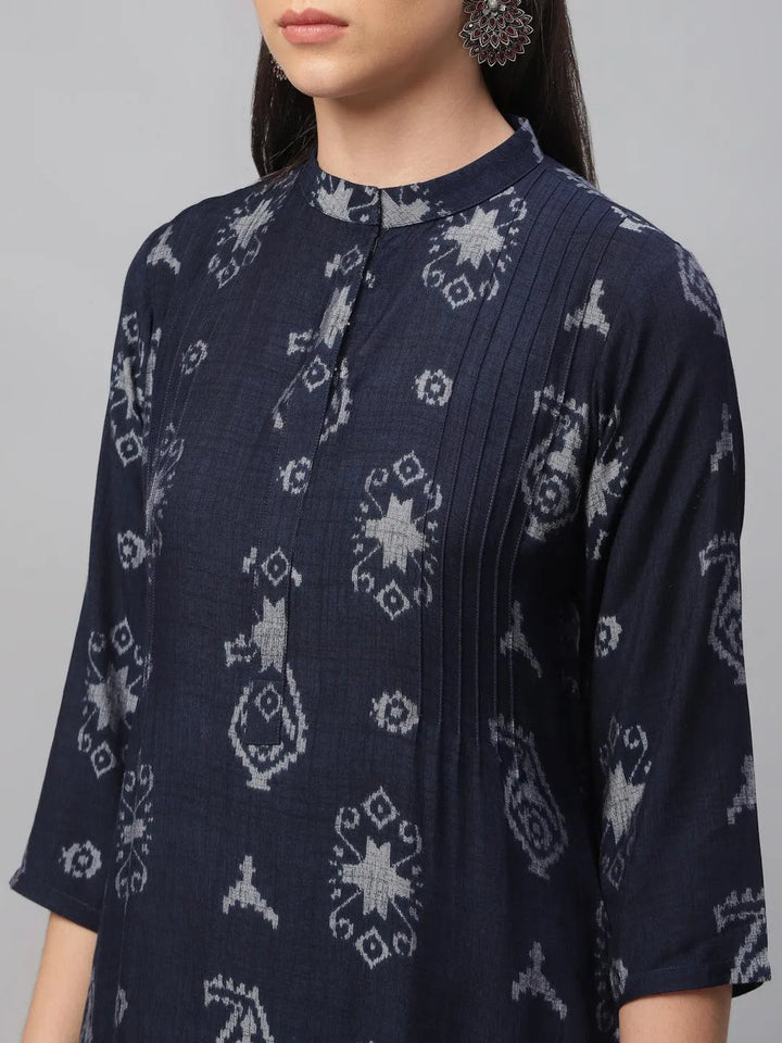 Blue Printed Rayon Kurta - Libas