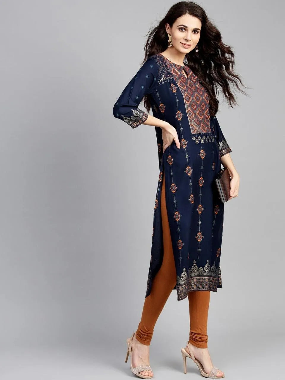 Blue Printed Rayon Kurta - Libas