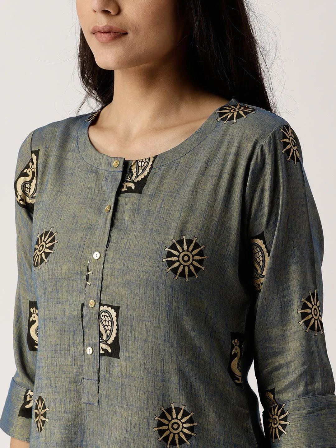 Blue Printed Rayon Kurta - Libas