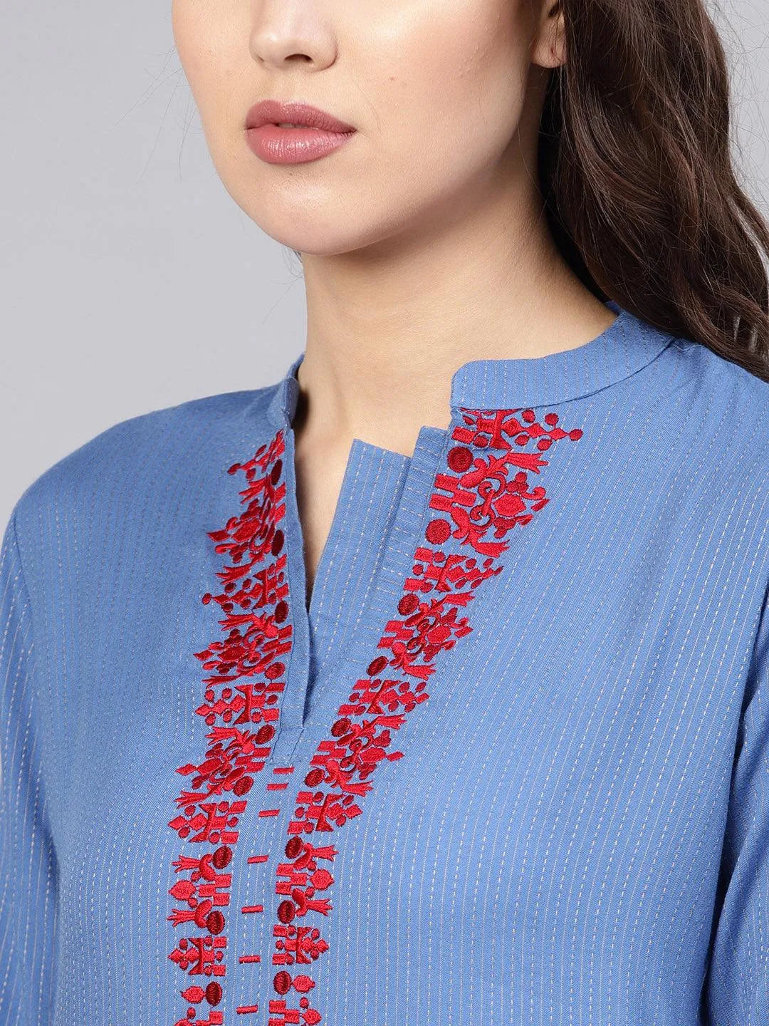 Blue Printed Rayon Kurta - Libas