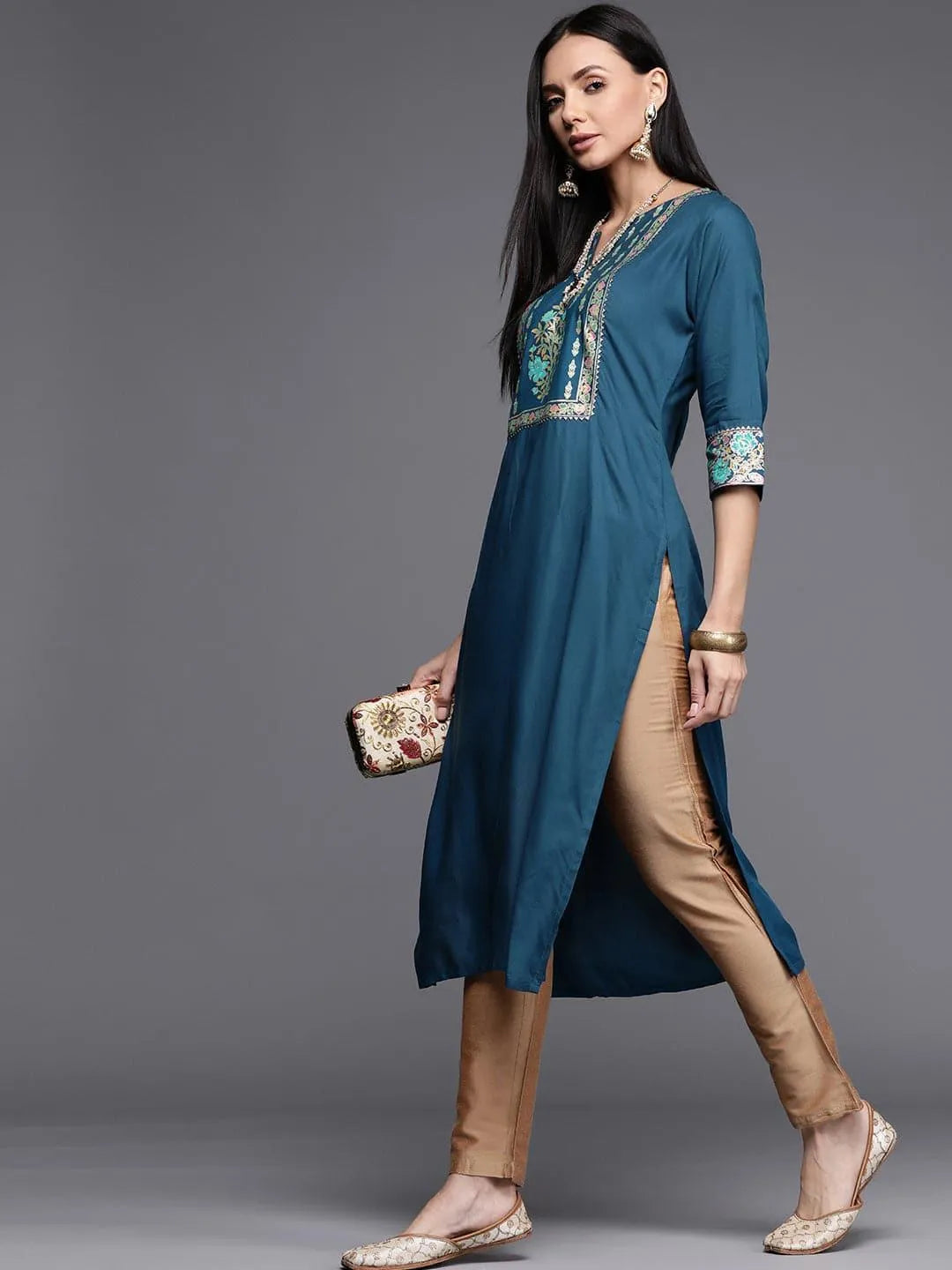 Blue Printed Rayon Kurta - Libas