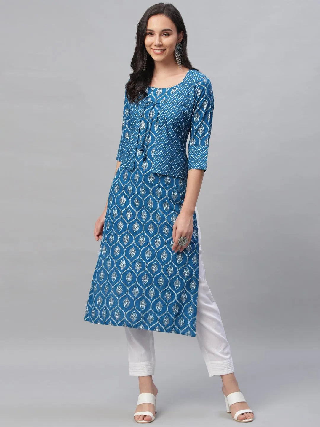 Blue Printed Rayon Kurta With Jacket - Libas