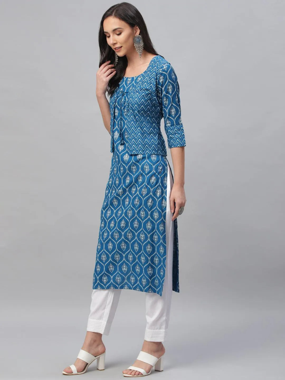 Blue Printed Rayon Kurta With Jacket - Libas