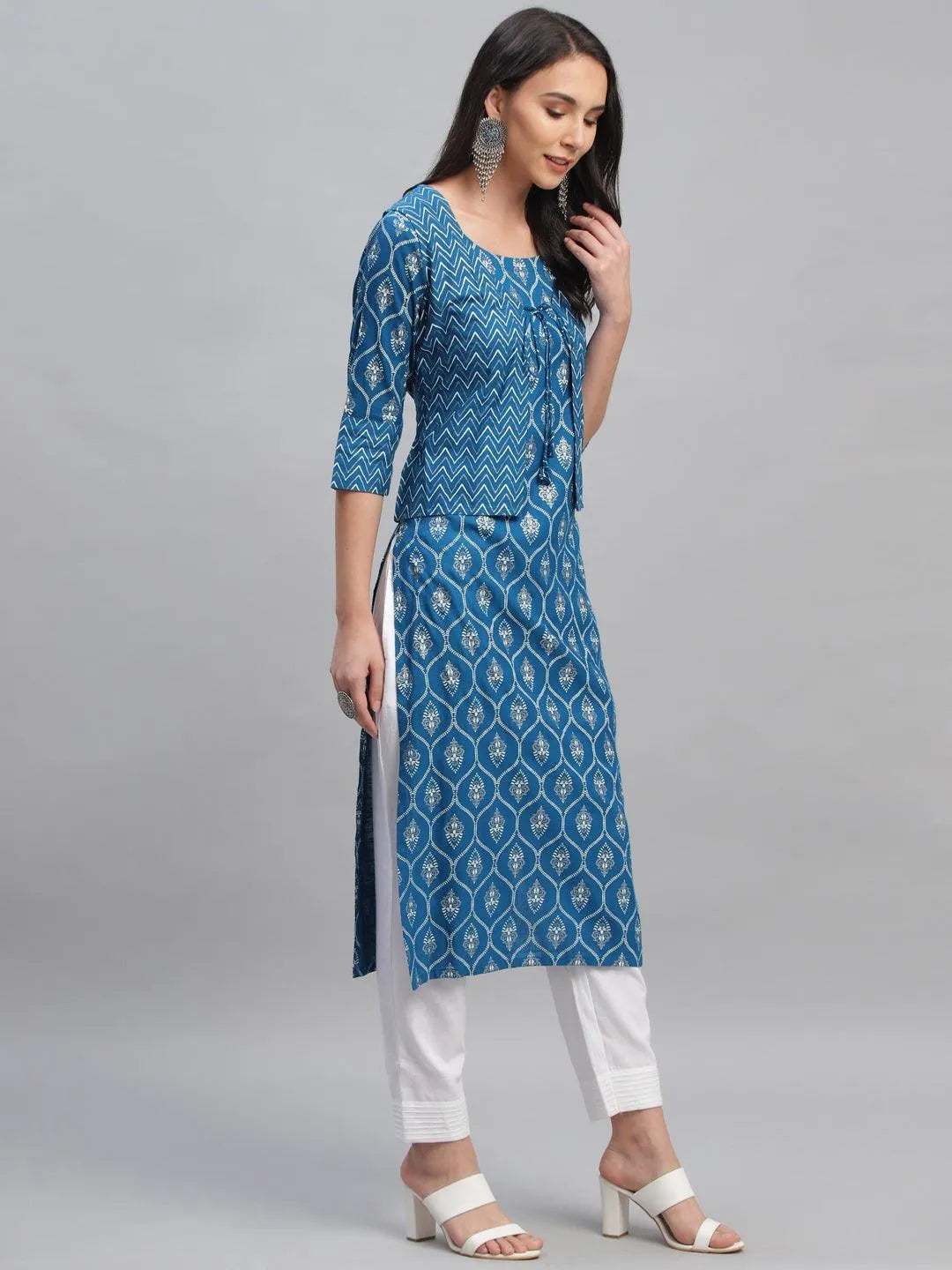 Blue Printed Rayon Kurta With Jacket - Libas