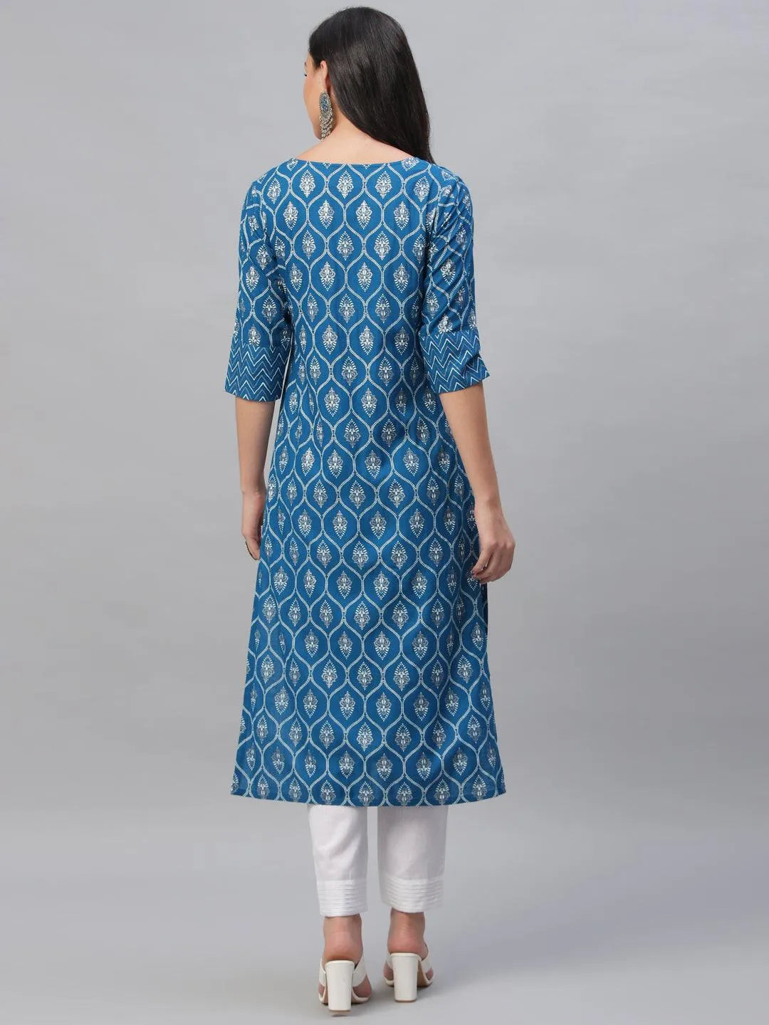 Blue Printed Rayon Kurta With Jacket - Libas