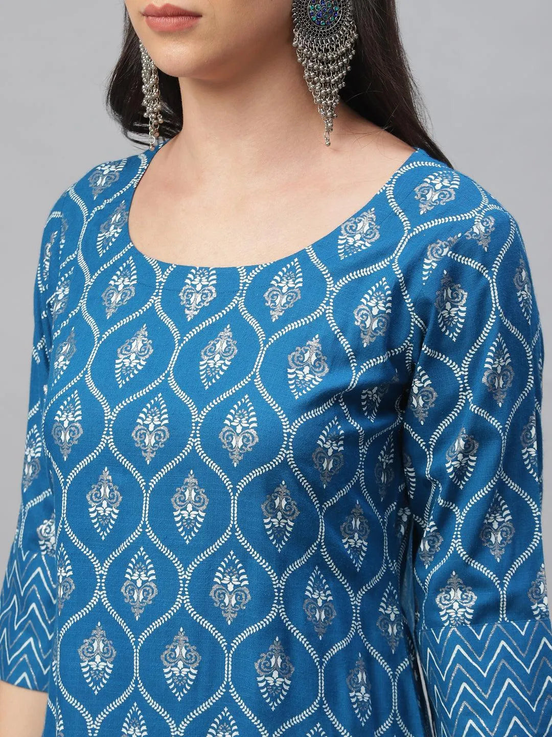 Blue Printed Rayon Kurta With Jacket - Libas 