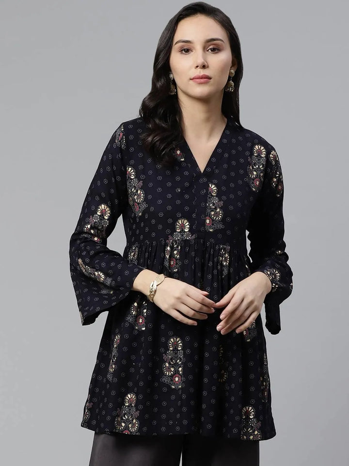 Blue Printed Rayon Kurti - Libas