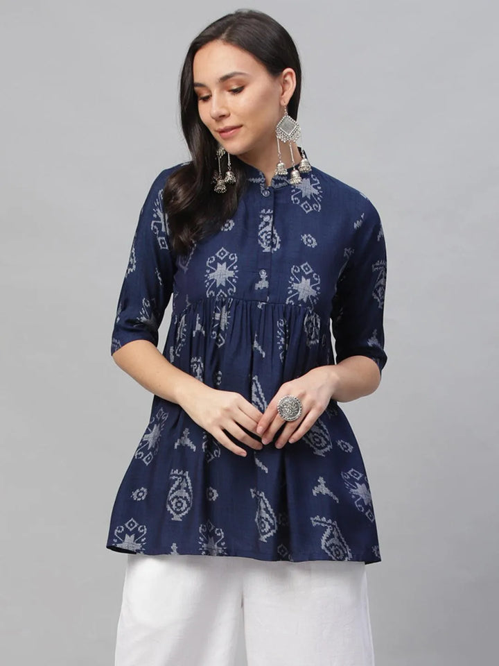 Blue Printed Rayon Kurti - Libas