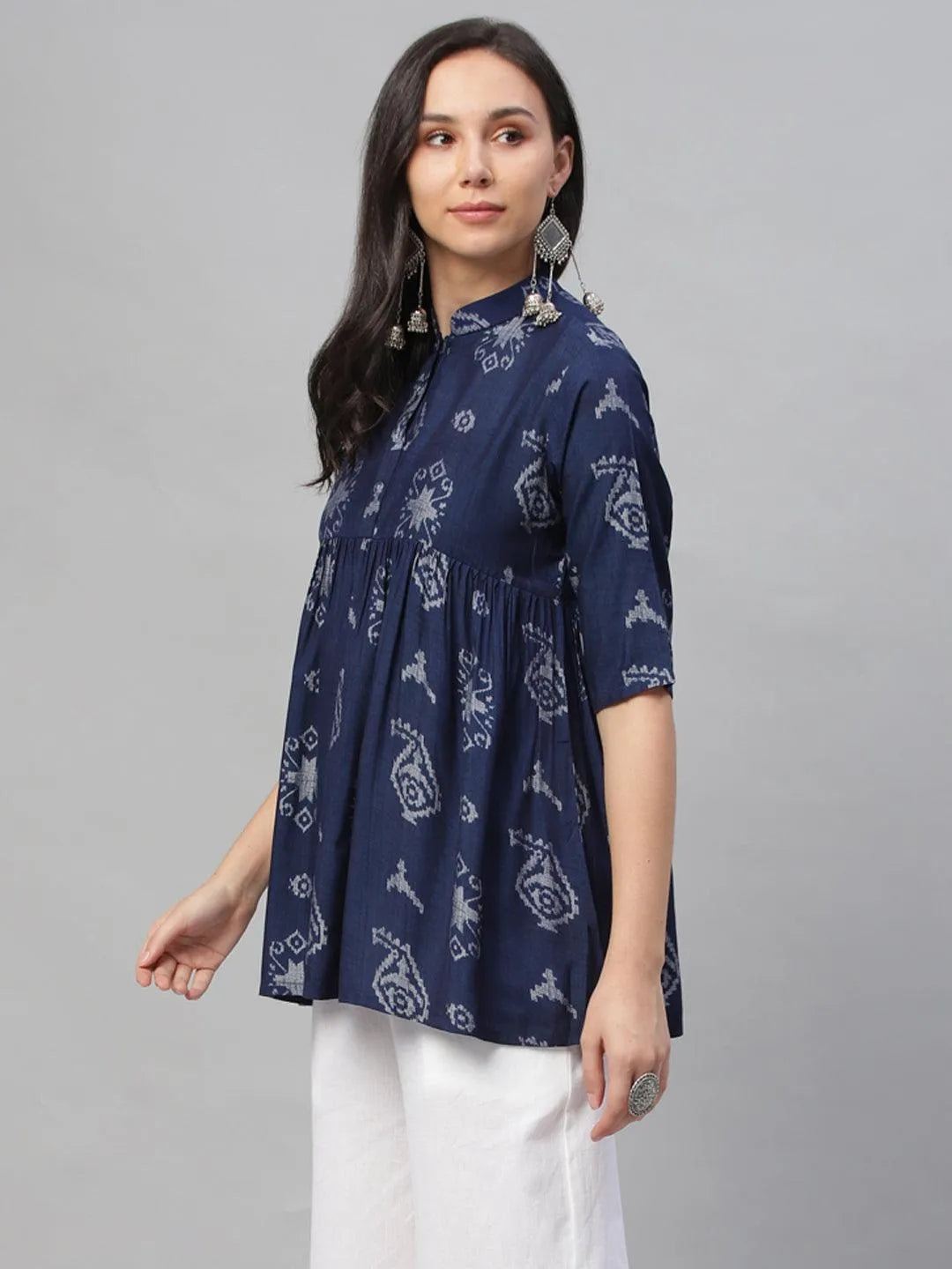 Blue Printed Rayon Kurti - Libas