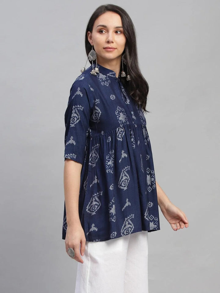 Blue Printed Rayon Kurti - Libas