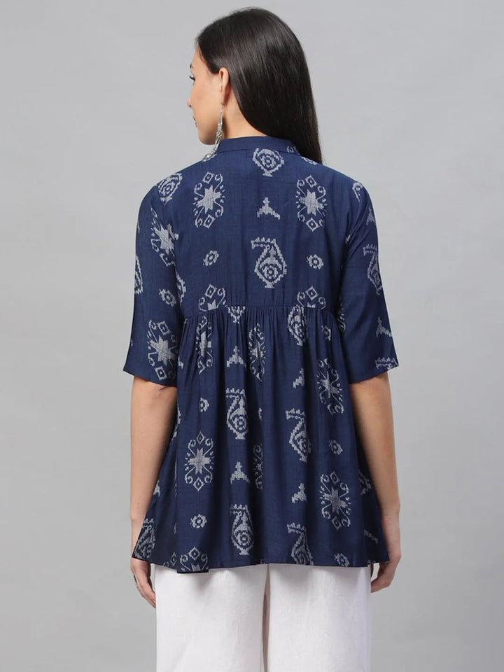 Blue Printed Rayon Kurti - Libas