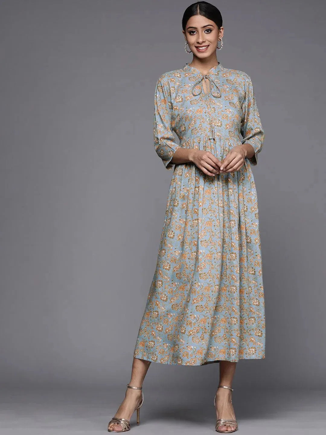 

Buy Blue Printed Rayon Maxi Dress - 22231- | Libas Ethnic Wear Online