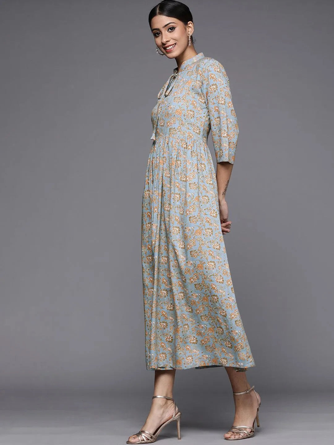 Blue Printed Rayon Maxi Dress - Libas 