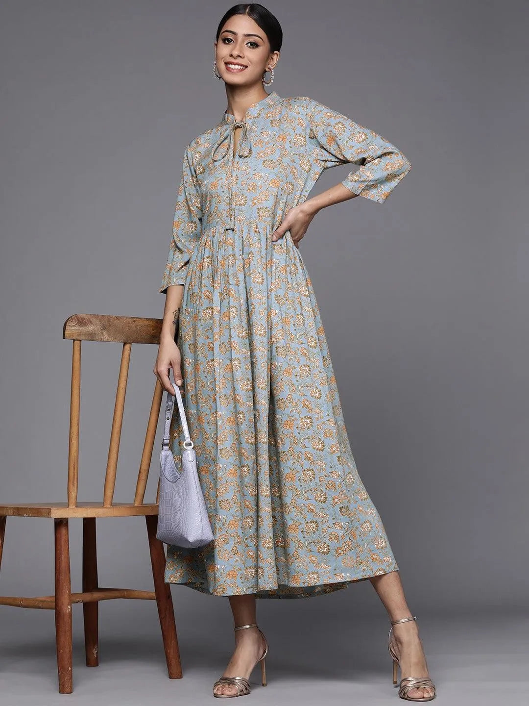 Blue Printed Rayon Maxi Dress - Libas 