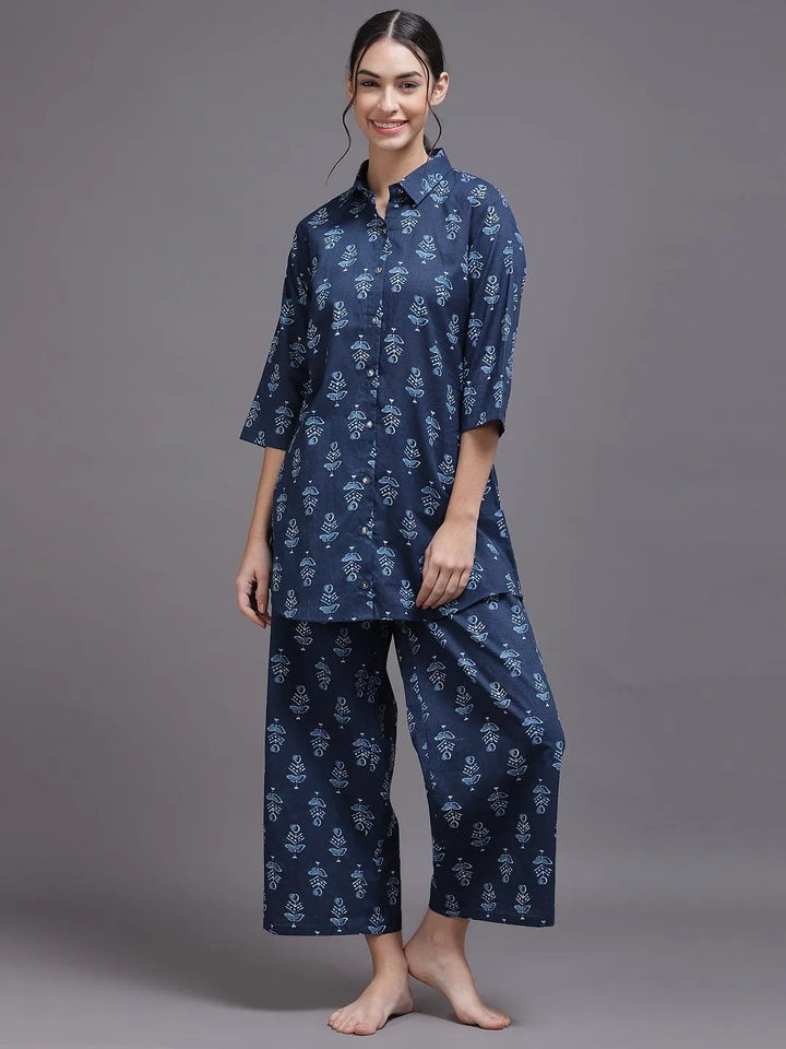 Blue Printed Rayon Night Suit - Libas