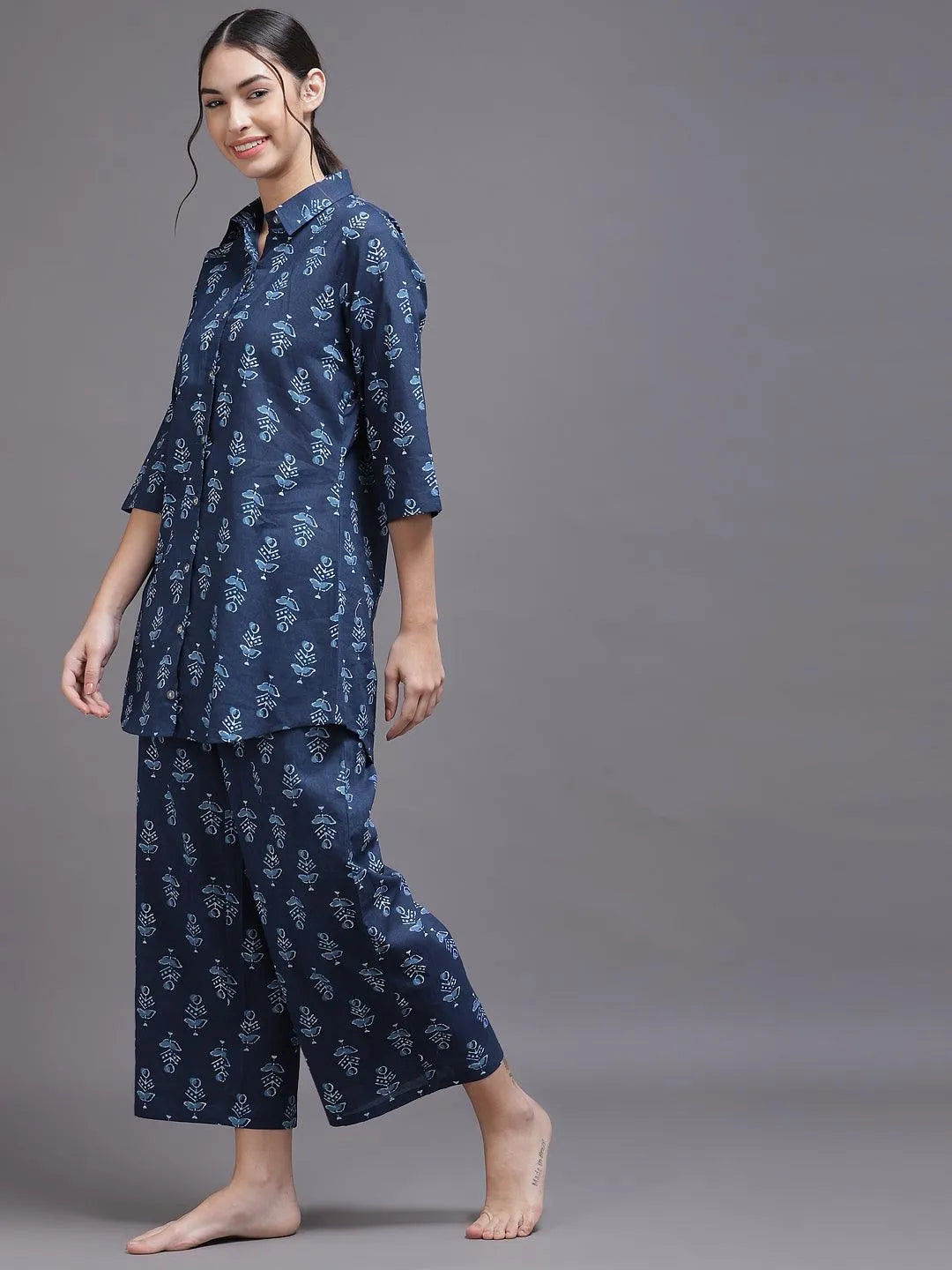 Blue Printed Rayon Night Suit - Libas