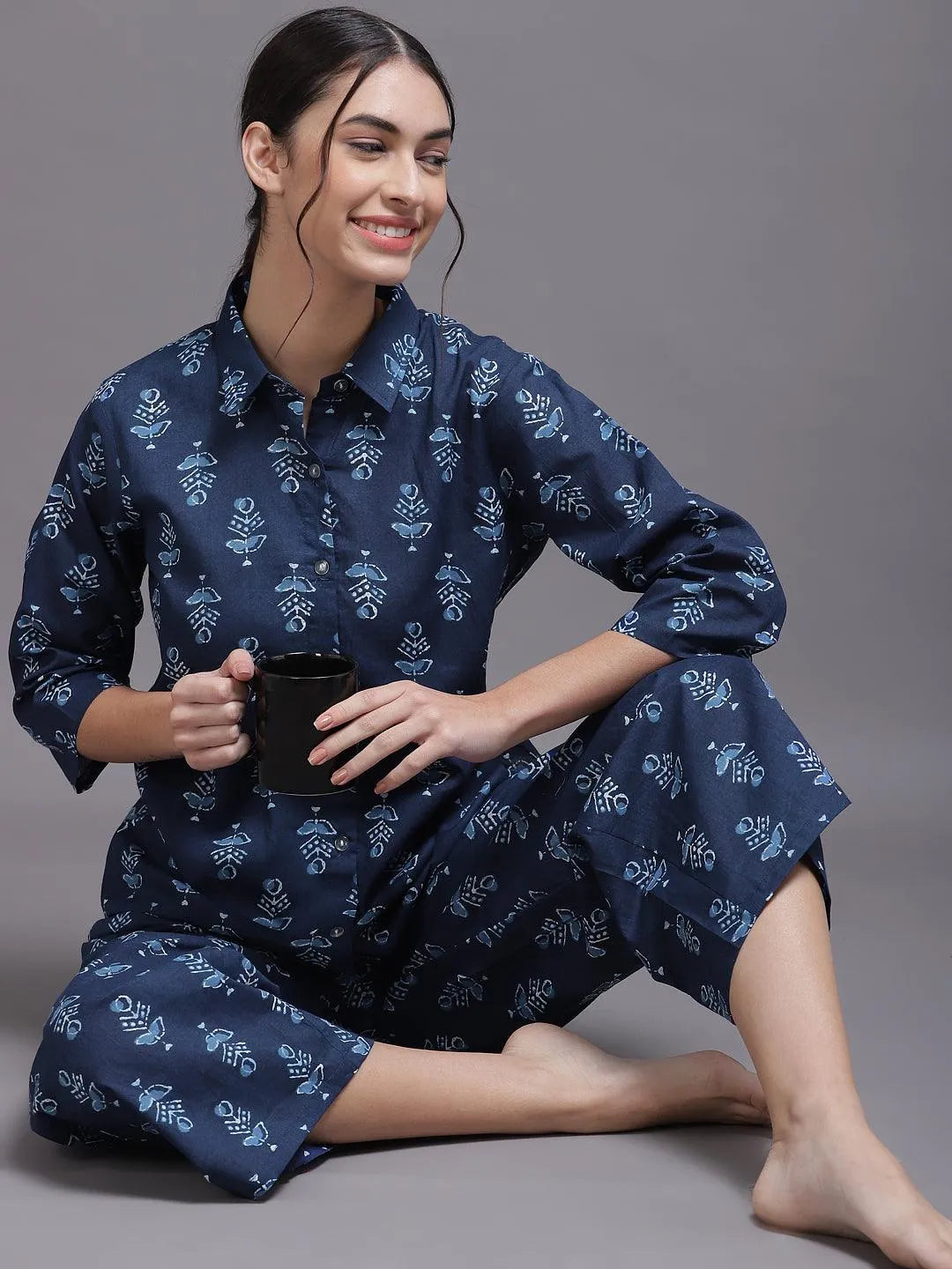 Blue Printed Rayon Night Suit - Libas 