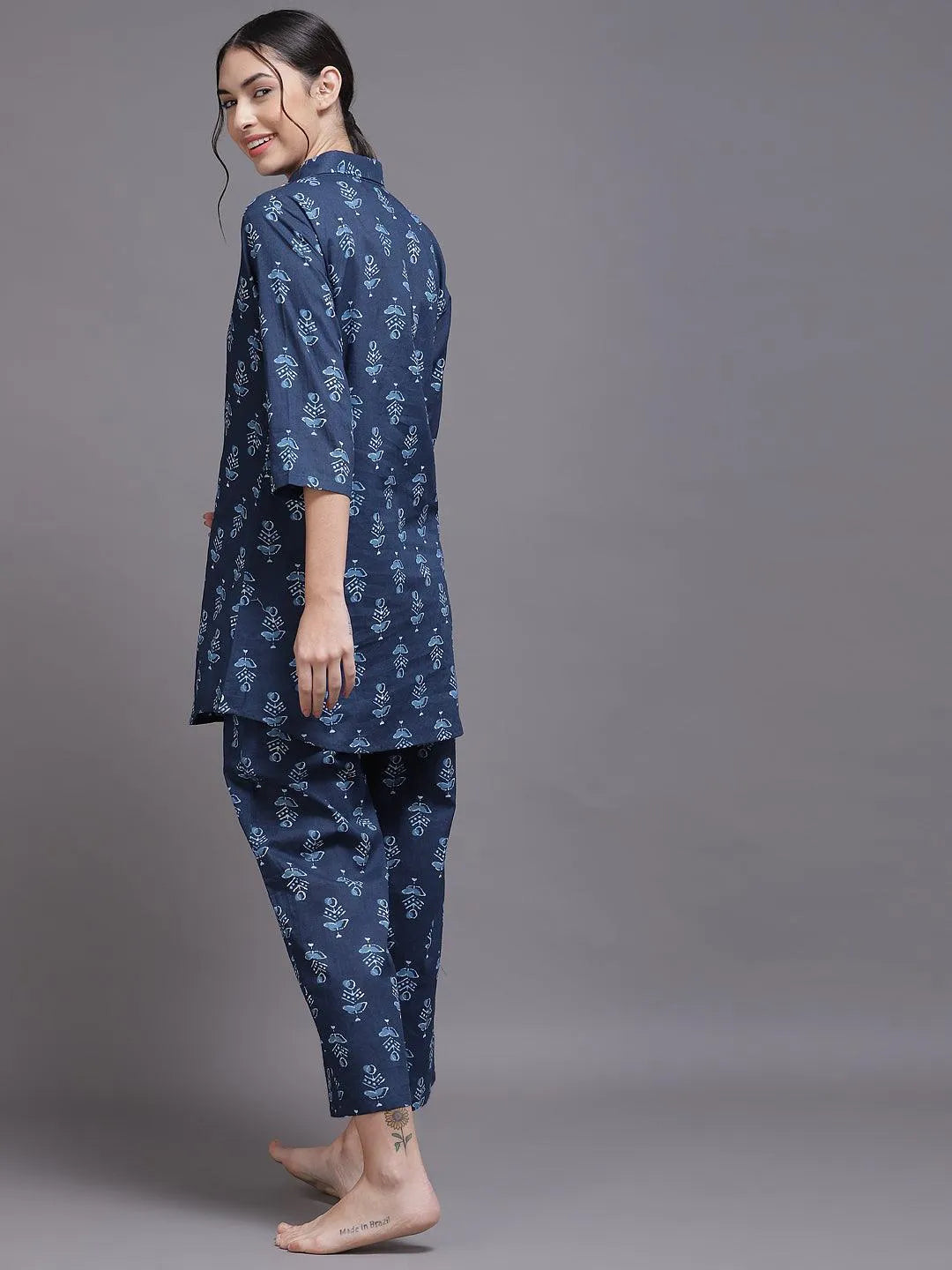 Blue Printed Rayon Night Suit - Libas 