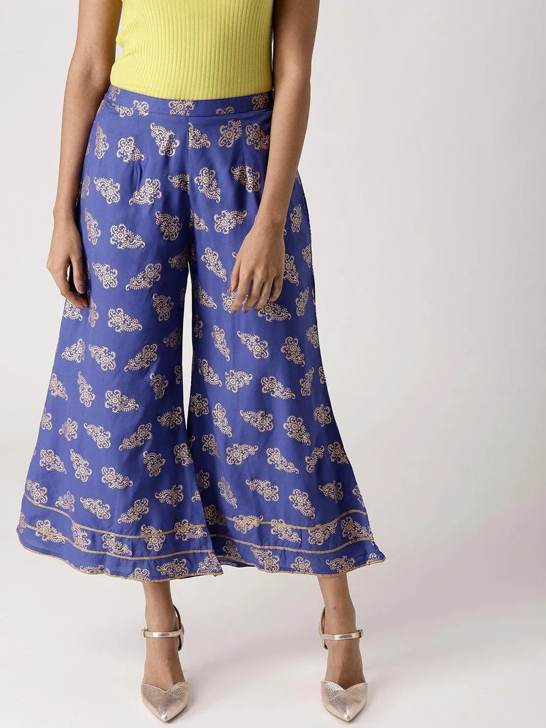 Blue Printed Rayon Palazzos - Libas 