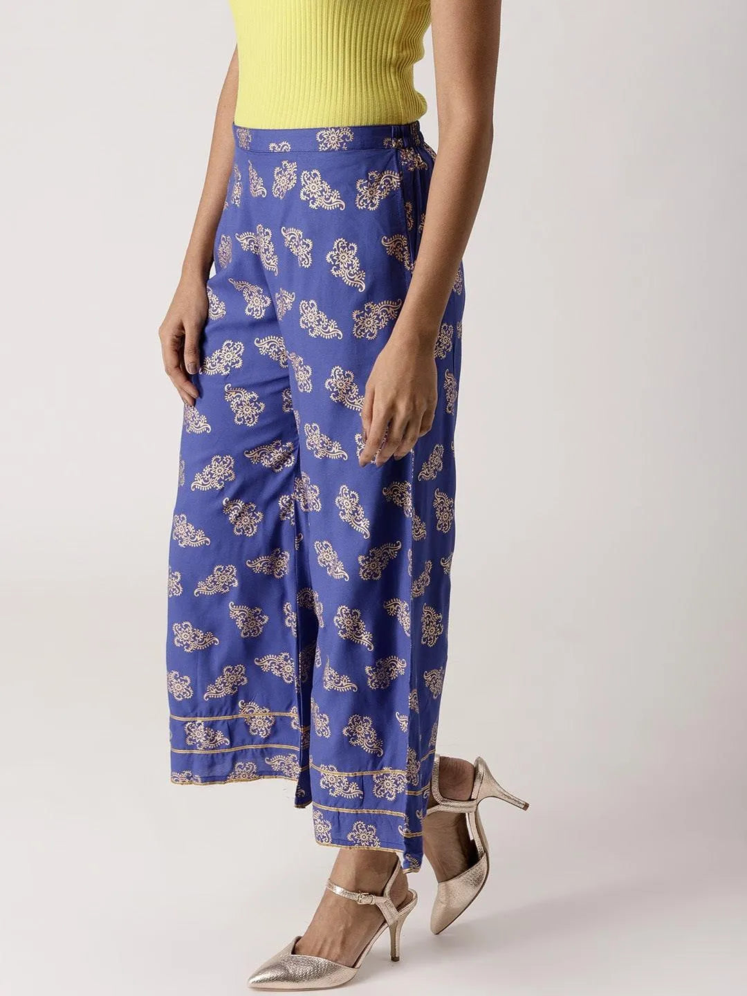 Blue Printed Rayon Palazzos - Libas 