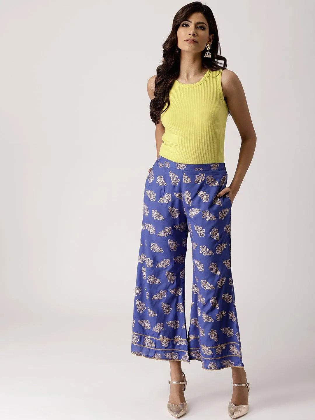 Blue Printed Rayon Palazzos - Libas 