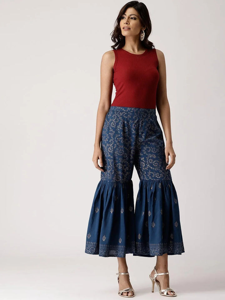 Blue Printed Rayon Sharara Pants - Libas