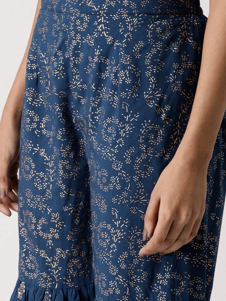 Blue Printed Rayon Sharara Pants - Libas