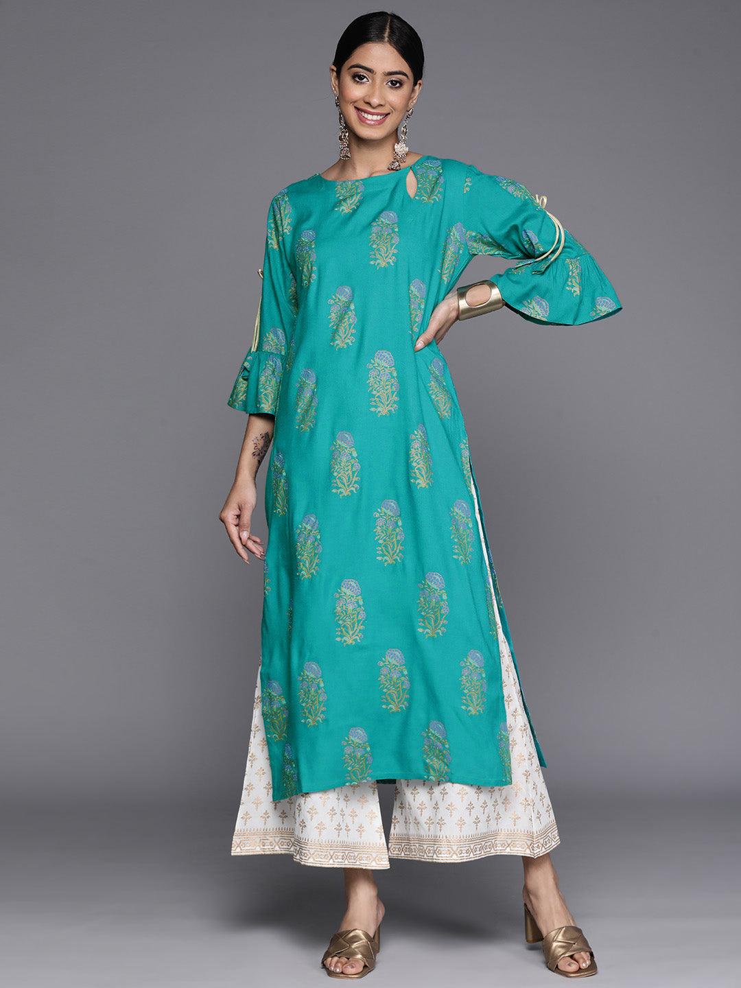 Blue Printed Rayon Straight Kurta - Libas