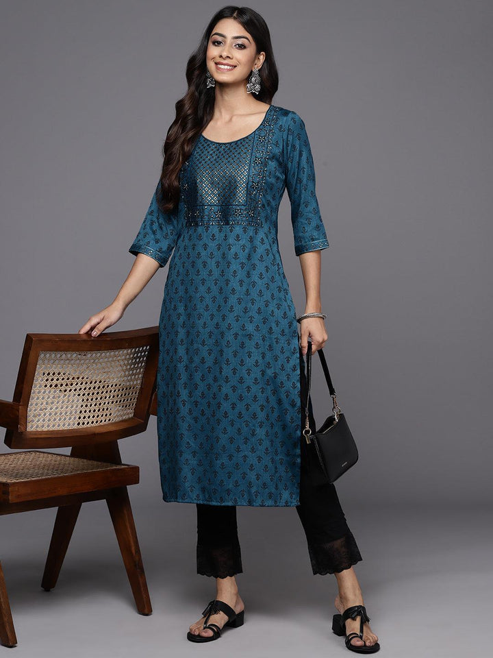 Blue Printed Rayon Straight Kurta - Libas