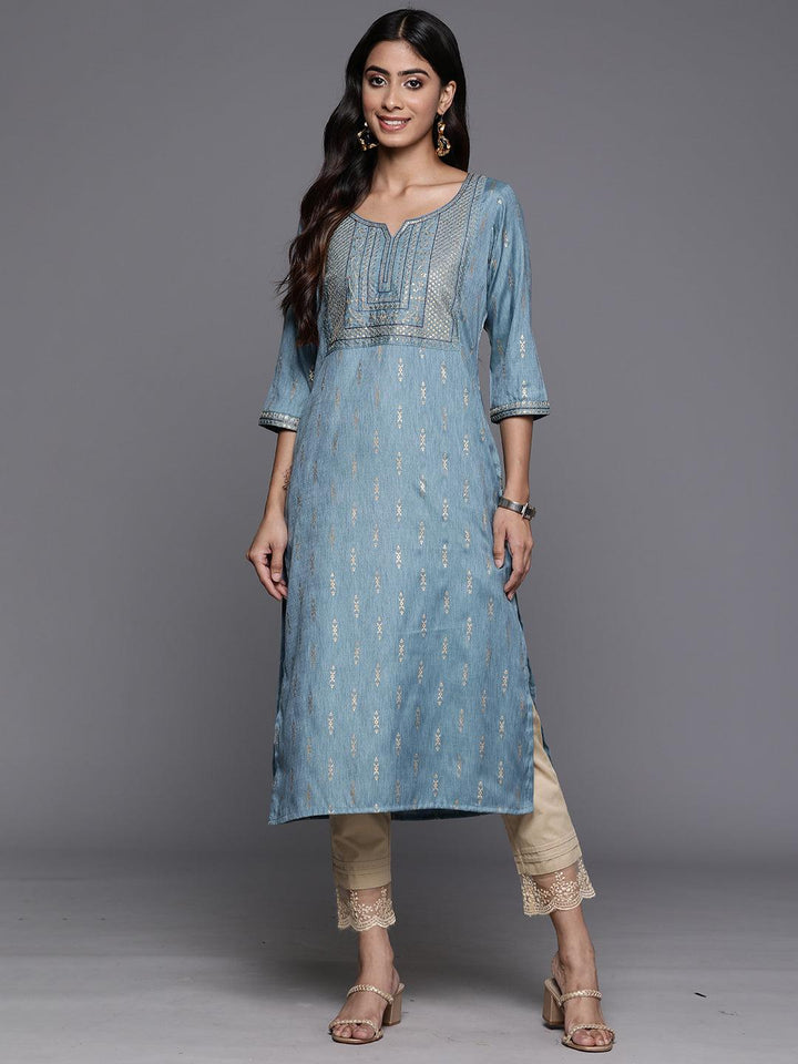 Blue Printed Rayon Straight Kurta - Libas