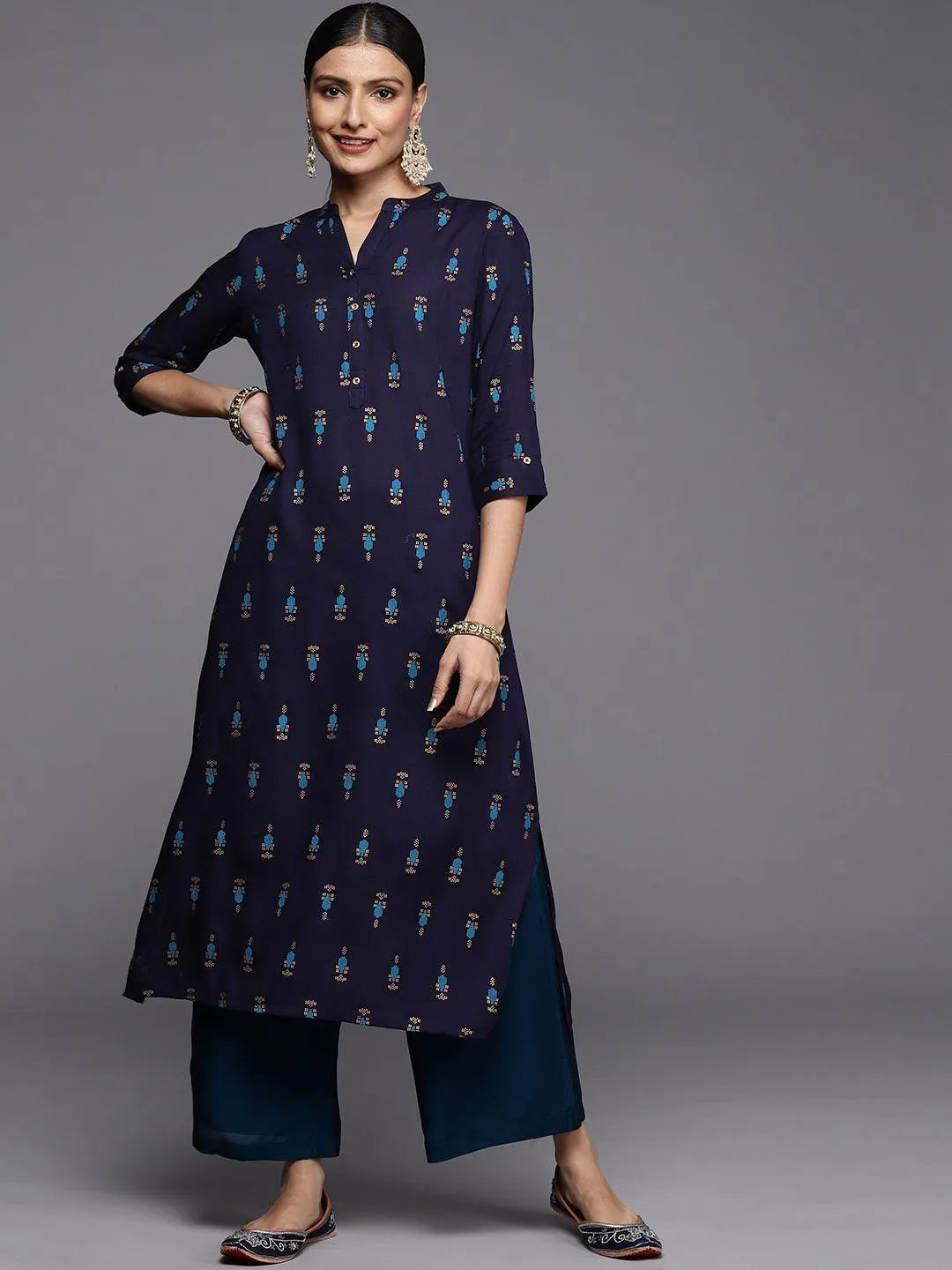 Blue Printed Rayon Straight Kurta - Libas