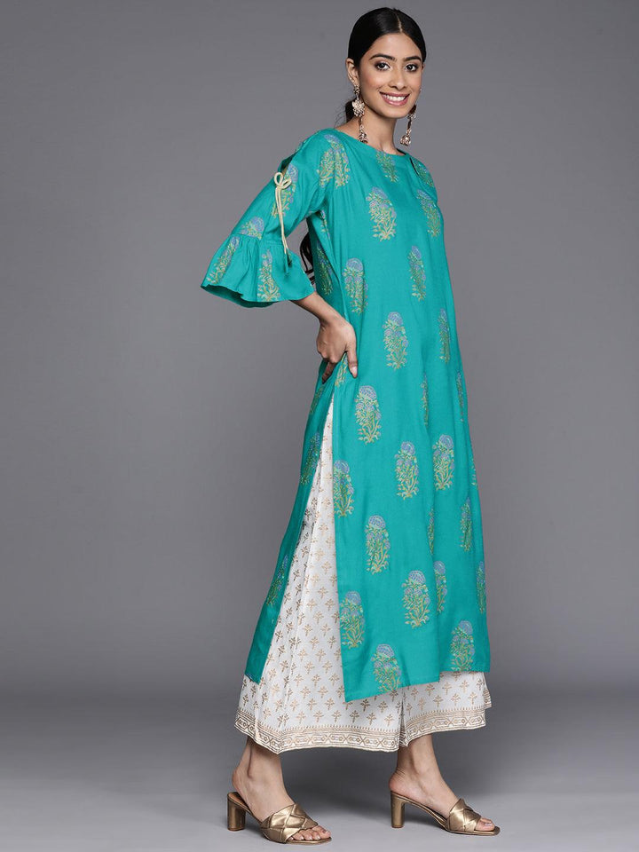 Blue Printed Rayon Straight Kurta - Libas