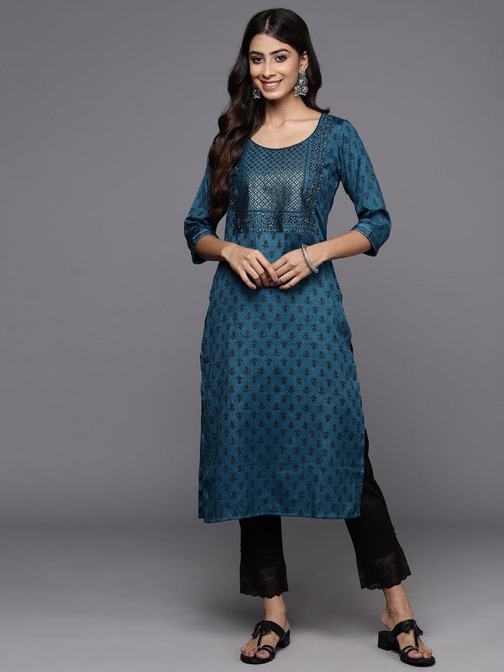 Blue Printed Rayon Straight Kurta - Libas