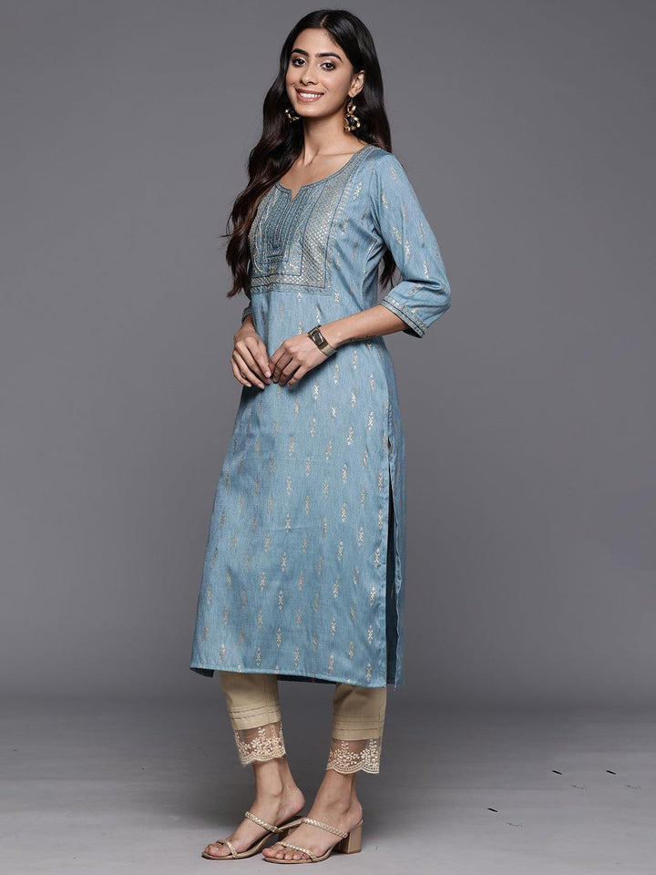 Blue Printed Rayon Straight Kurta - Libas