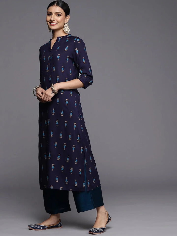 Blue Printed Rayon Straight Kurta - Libas