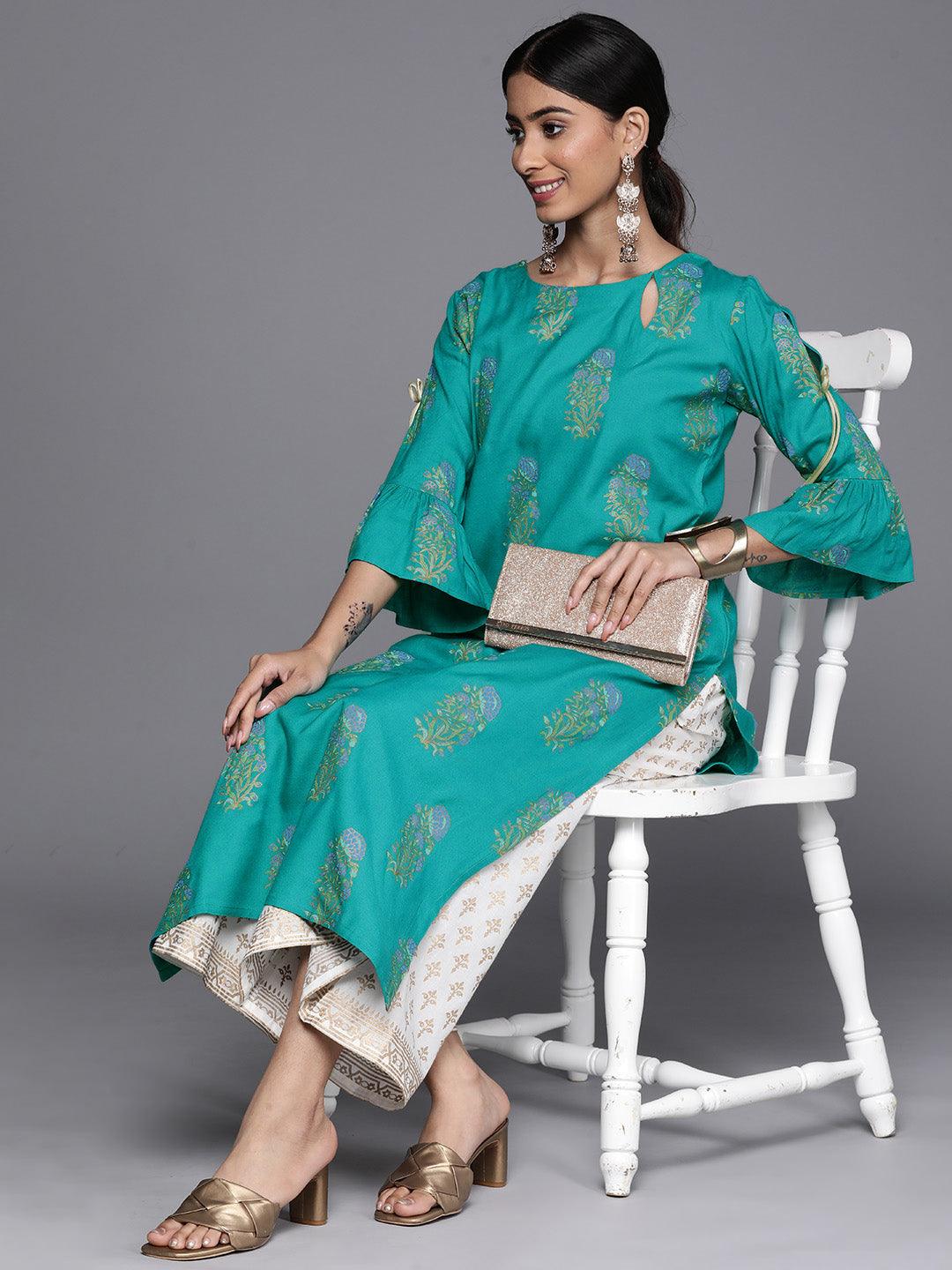 Blue Printed Rayon Straight Kurta - Libas