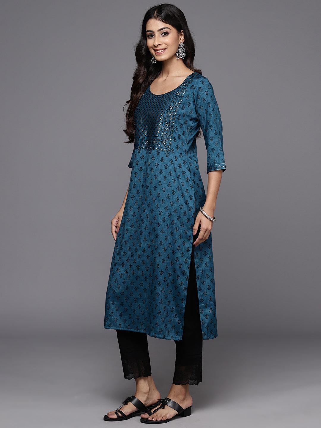 Blue Printed Rayon Straight Kurta - Libas