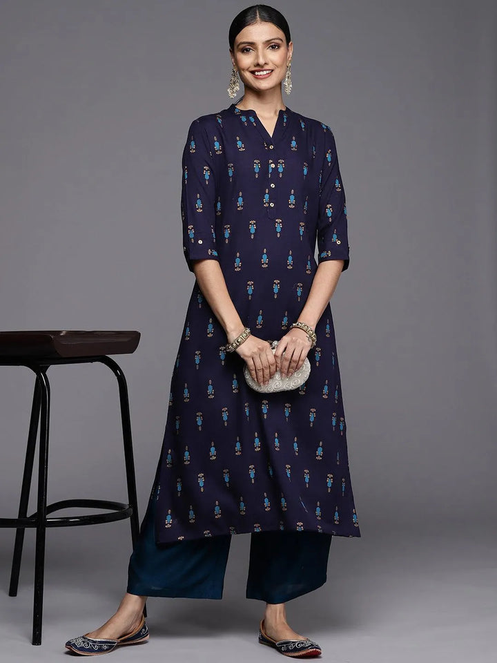 Blue Printed Rayon Straight Kurta - Libas