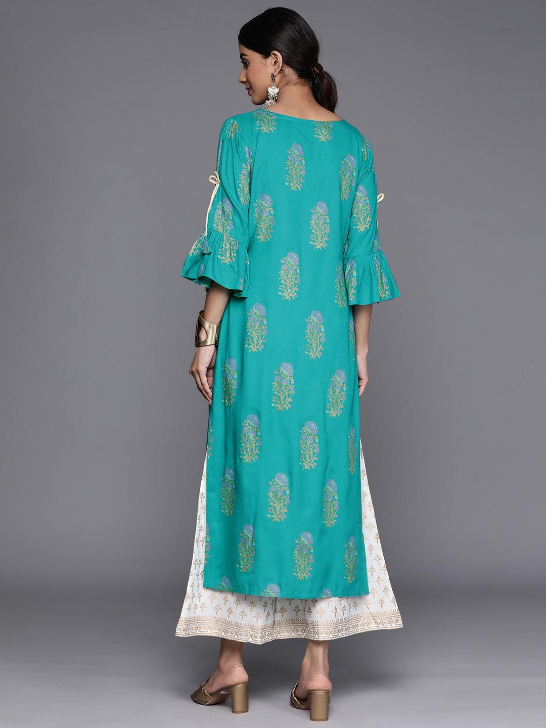 Blue Printed Rayon Straight Kurta - Libas