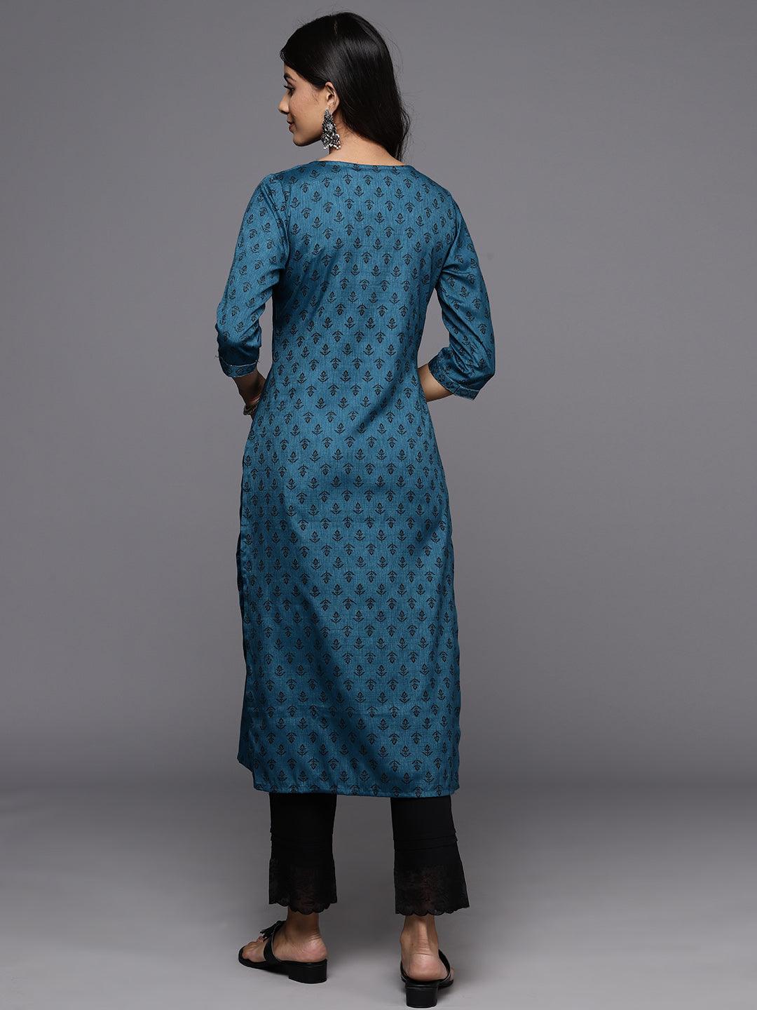 Blue Printed Rayon Straight Kurta - Libas